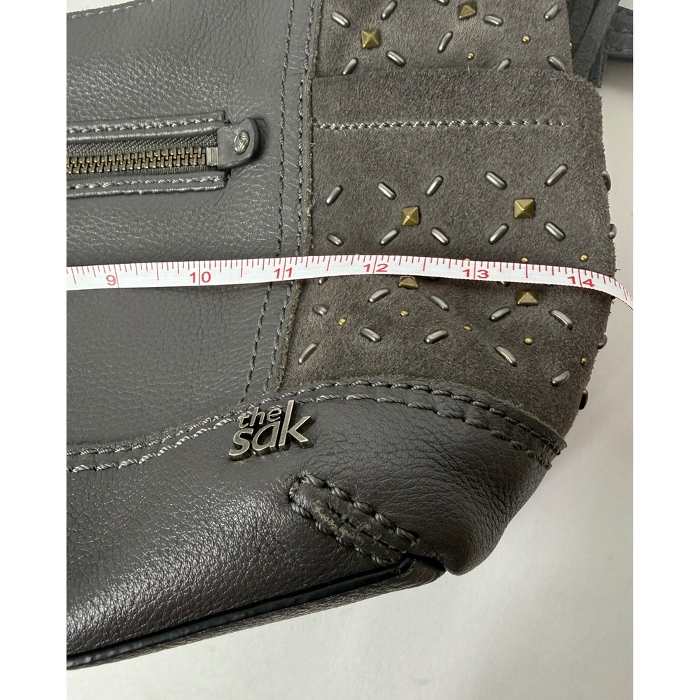 The Sak Kendra Leather and Suede Hobo Shoulder Bag Gray Studded Tassel Charm - Picture 7 of 12